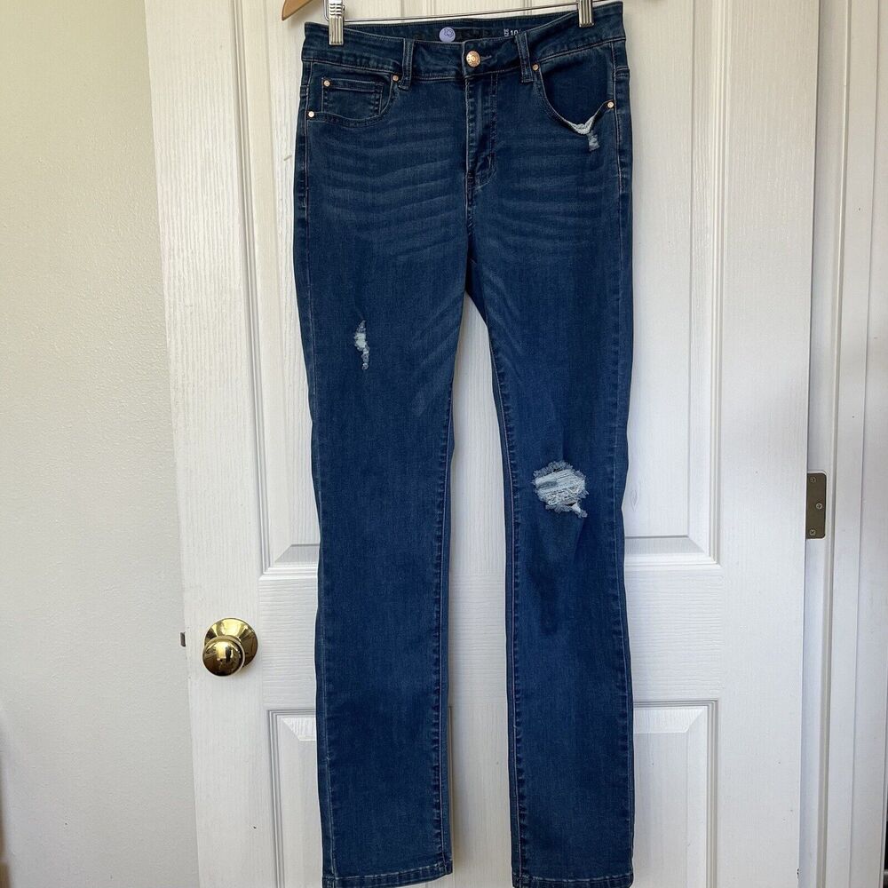 Bluberry Jeans Women 10 Amira Straight Leg Zipper-Fly Medium Wash Distressed $89